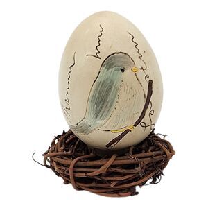 Hand-Painted Folk Art Bird Egg with Natural Twig Nest – OOAK Decorative Piece